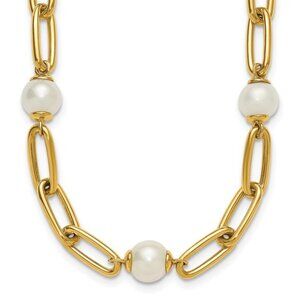 Herco 14k Yellow Gold FWC Pearl Paperclip Link Luxury Necklace, 18 inch